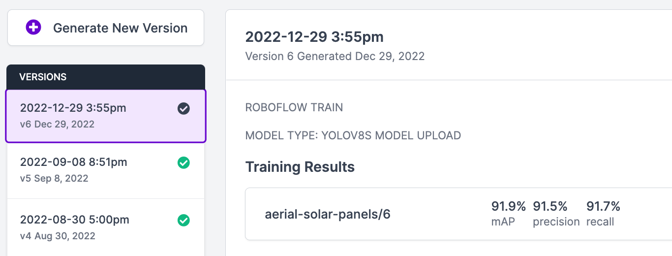 「Model Type」ラベルに独自の YOLOv8 ウェイトをアップロードしたことを示す Roboflow ダッシュボード。
